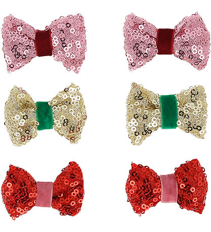 Meri Meri Hårsløjfer - 6-pak - 5,5 cm - Rød/Rosa/Guld m. Paillet