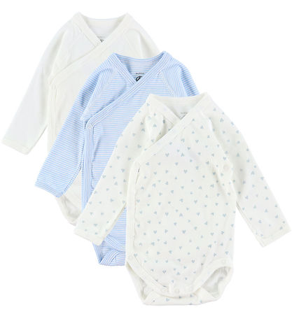 Petit Bateau Slå-om Bodyer l/æ - 3-pak - Hvid/Blå