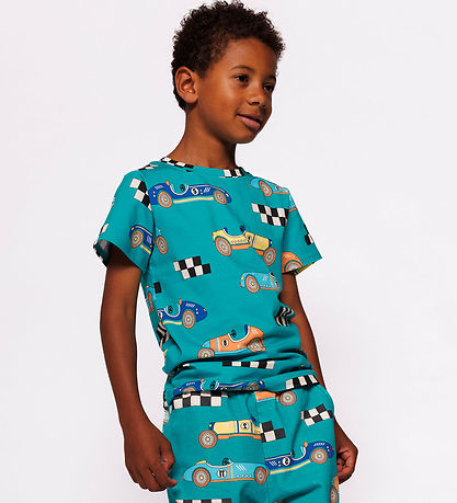 Småfolk T-shirt - Teal m. Racerbiler