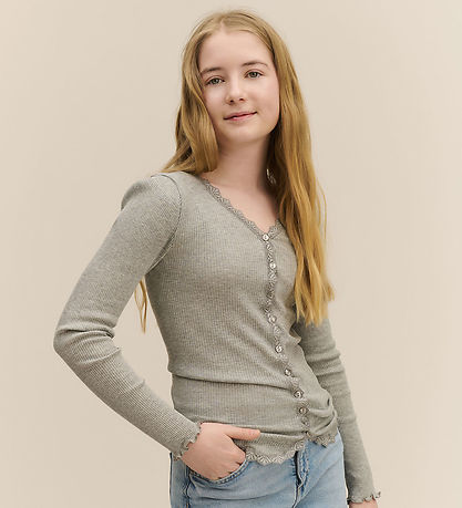 Rosemunde Cardigan - Rib - Balta - Gråmeleret m. Blonder