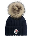 Moncler Hue - Uld - Navy m. Imiteret Pelskvast