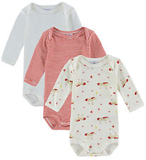 Petit Bateau Bodyer l/æ - 3-pak - Off White/Rød