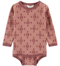 Joha Bodysuit l/s - Wool/Cotton - Rose w. Snowflakes
