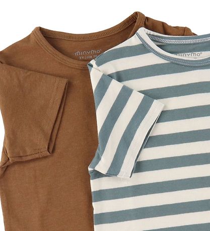 Minymo T-shirt - 2-pak - Hvid/Grønstribet/Toffee