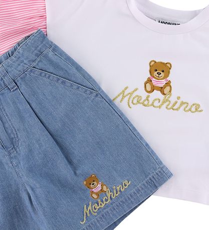 Moschino T-Shirt/Denimshorts - Hvid/Blå m. Logo/Guld