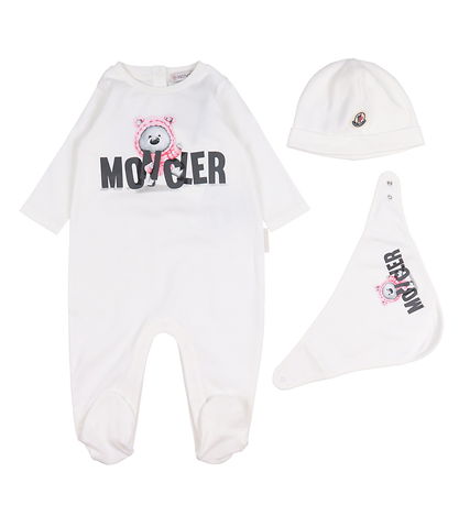 Moncler Sæt - Heldragt/Savlesmæk/Hue - Off White m. Rosa