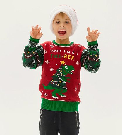 Jule-Sweaters Bluse m. Lys - The Tree-REX Sweater - Rød/Grøn