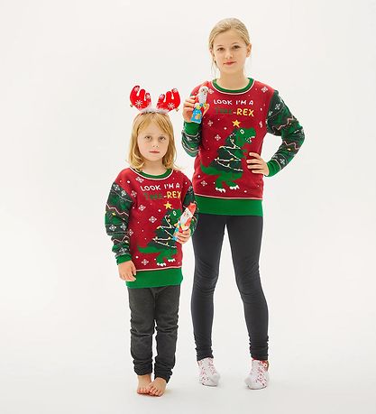 Jule-Sweaters Bluse m. Lys - The Tree-REX Sweater - Rød/Grøn