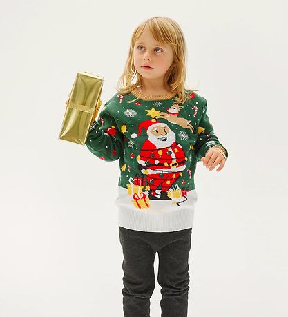 Jule-Sweaters Bluse m. Lys - Santa Christmas Star - Mørkegrøn