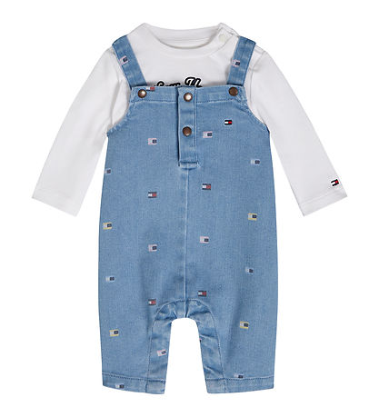 Tommy Hilfiger Sæt - Smækbukser/Bluse - Denim Medium/Hvid