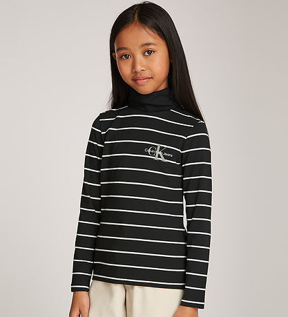 Calvin Klein Bluse - Slim Roll Neck - Thin Black Ivory Stripe