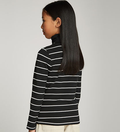 Calvin Klein Bluse - Slim Roll Neck - Thin Black Ivory Stripe