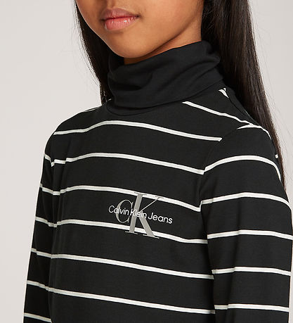 Calvin Klein Bluse - Slim Roll Neck - Thin Black Ivory Stripe
