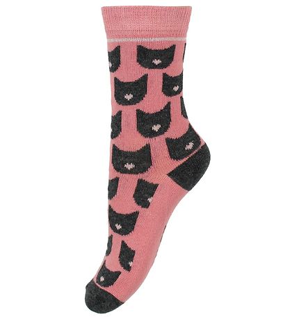 Melton Strømper - 2-pak - Gråmeleret/Rosa m. Kat