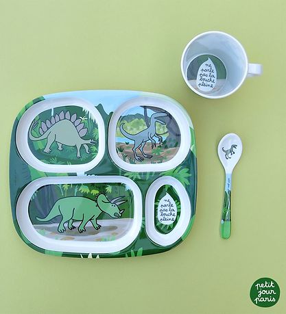 Petit Jour Paris Tallerken - 4 rum - Melamin - Grøn m. Dinosaur