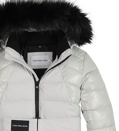 Calvin Klein Dynefrakke - Mixed Media Belted Puffer - Stone Grey
