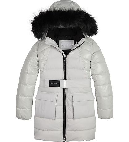 Calvin Klein Dynefrakke - Mixed Media Belted Puffer - Stone Grey