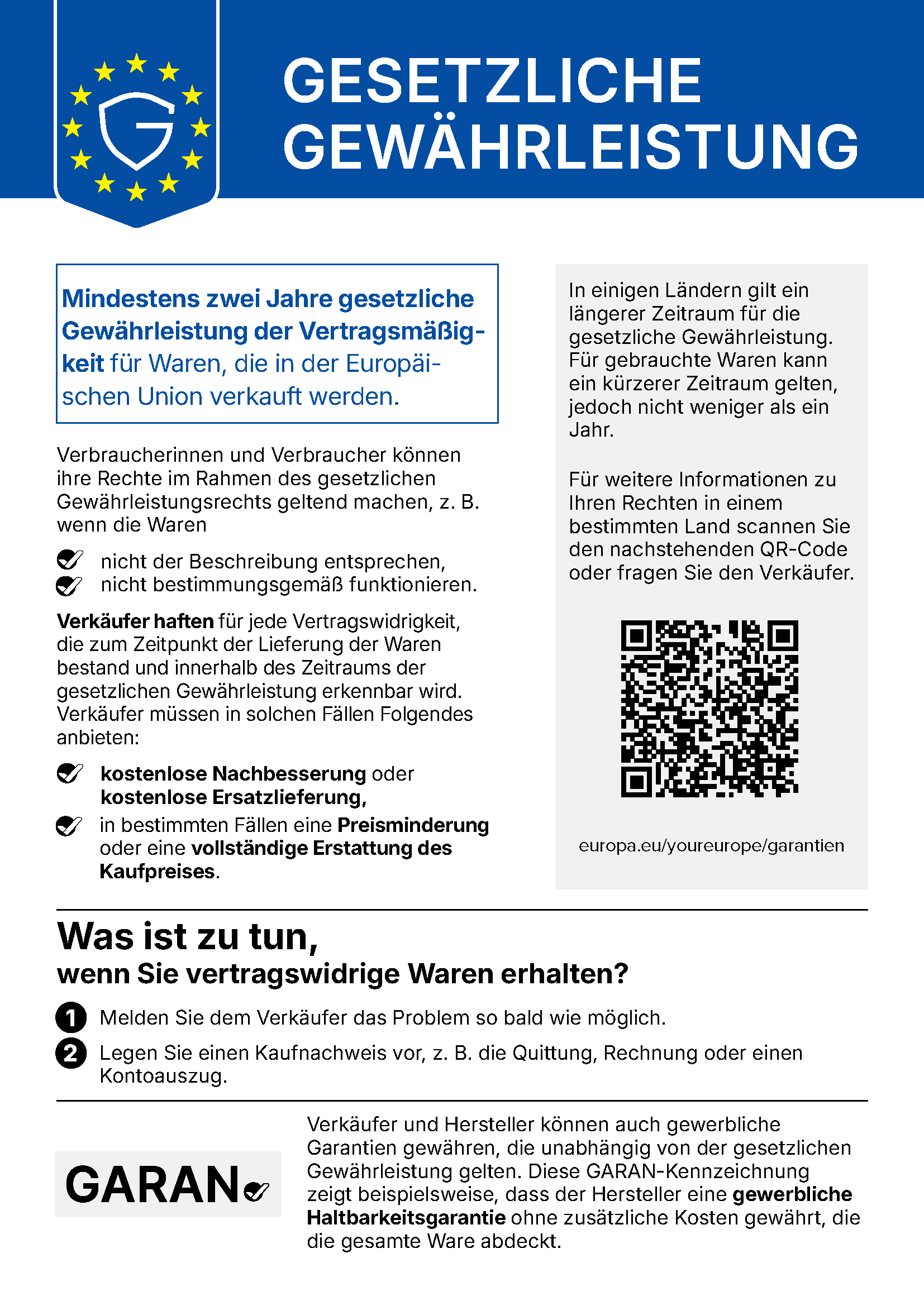 Gesetzliche Gewährleistung - EU-Hinweis zu Verbraucherrechten