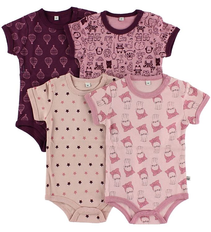 Pippi Baby Bodyer K/Æ - 4-pak - Rosa/Lilla m. Mønster