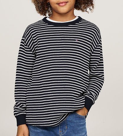 Tommy Hilfiger Bluse - Flag Mini Waffle - Blue/White Stripes Tommy Hilfiger Bluse - Flag Mini Waffle - Blue/White Stripes