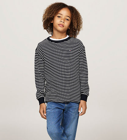 Tommy Hilfiger Bluse - Flag Mini Waffle - Blue/White Stripes Tommy Hilfiger Bluse - Flag Mini Waffle - Blue/White Stripes