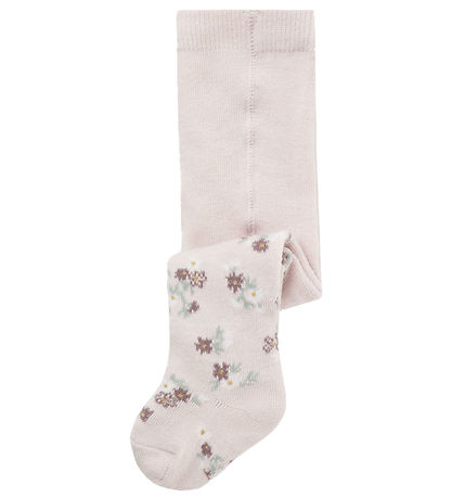 Name It Strømpebukser - Uld/Bomuld - NbfWak - Lilac Ash m. Bloms