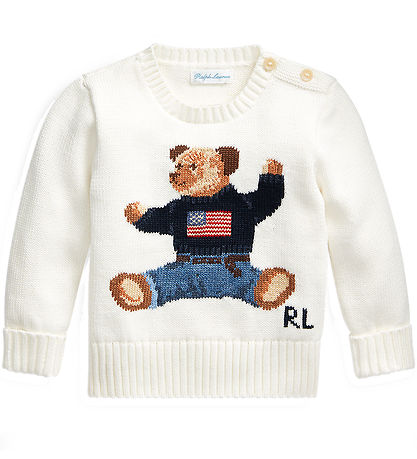 Polo Ralph Lauren Bluse - Strik - Hvid m. Bamse Polo Ralph Lauren Bluse - Strik - Hvid m. Bamse