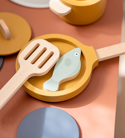 Flexa Play Køkkensæt - Gryde og Pande - Mustard/Naturalwood