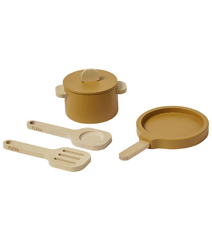 Flexa Play Køkkensæt - Gryde og Pande - Mustard/Naturalwood Flexa Play Køkkensæt - Gryde og Pande - Mustard/Naturalwood