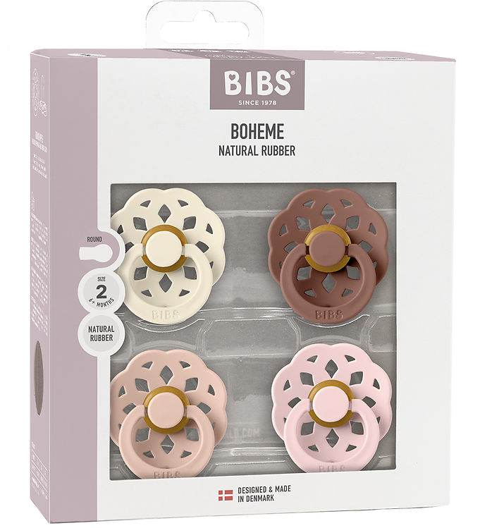 BIBS Pacifier Boheme 4 Pack Latex Size 2 Ivory Blush Woodchuck Bl