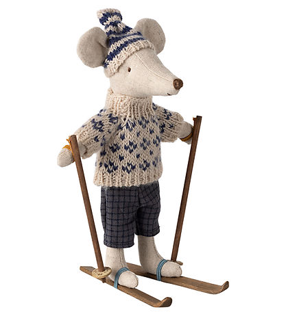 Maileg Vinter-mus m. Ski - Far - Blå