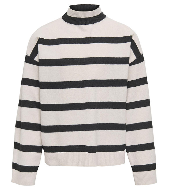 Kids Only Birch/black Stribet Loose Højhalset Strikbluse - Str. 9-10y 134/140cm