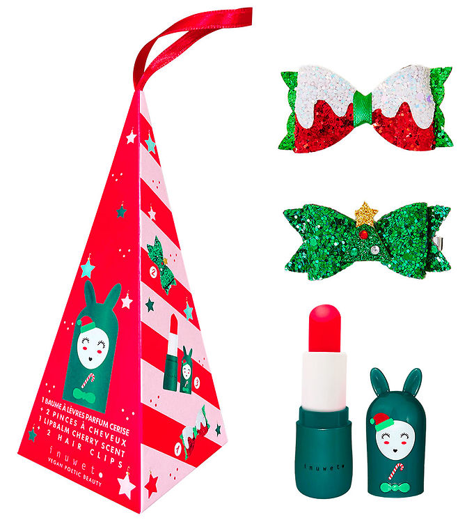 Inuwet Sæt - Læbepomade/2 Jule Hårspænder - 6,5x3 cm - Bunny Gre