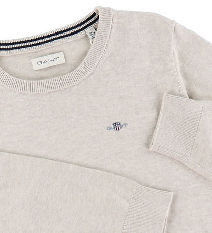 GANT Bluse - Shield Classic Cotton C-Neck - Strik - Light Beige  GANT Bluse - Shield Classic Cotton C-Neck - Strik - Light Beige