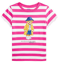 Polo Ralph Lauren T-shirt - Pink/Hvidstribet m. Bamse Polo Ralph Lauren T-shirt - Pink/Hvidstribet m. Bamse