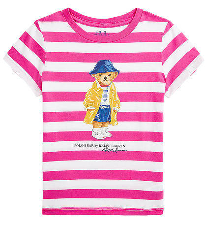 Polo Ralph Lauren T-shirt - Pink/Hvidstribet m. Bamse Polo Ralph Lauren T-shirt - Pink/Hvidstribet m. Bamse