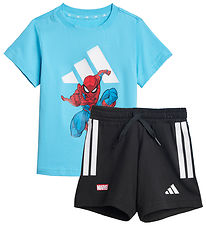 adidas Performance T-Shirt/Shorts - Marvel - Bright Cyan/Hvid m. adidas Performance T-Shirt/Shorts - Marvel - Bright Cyan/Hvid m.