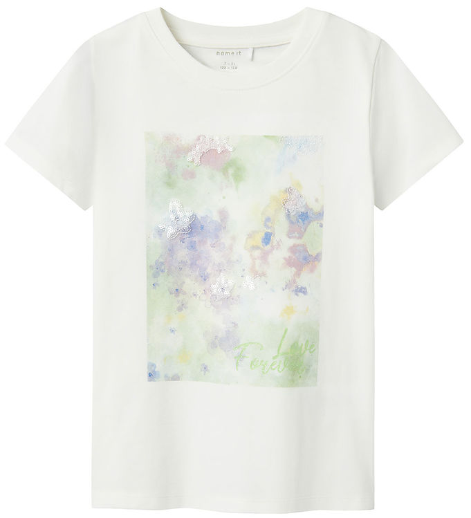 Name It Cloud Dancer/arcadian Green Printet T-shirt - Str. 6y 116cm