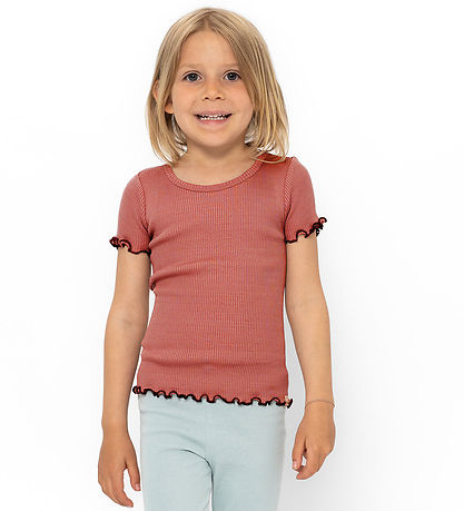 Minimalisma T-shirt - Rib - Silke/Bomuld - Blomst - Antique Red/
