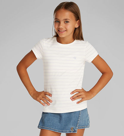 Calvin Klein T-shirt - 2 pak - Stripe Slim - Silver Peony/Purple Calvin Klein T-shirt - 2 pak - Stripe Slim - Silver Peony/Purple