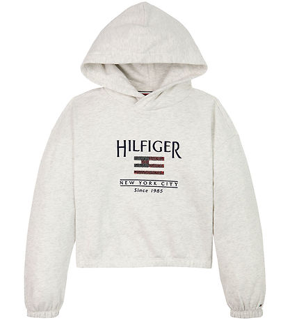 Tommy Hilfiger Hættetrøje - Cropped - Sequin Flag - Snow White H Tommy Hilfiger Hættetrøje - Cropped - Sequin Flag - Snow White H