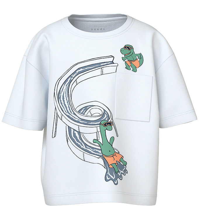 Name It T-shirt Bright White Pool Med Vandrutsjebane Og Brystlomme - Str. 2y 92cm