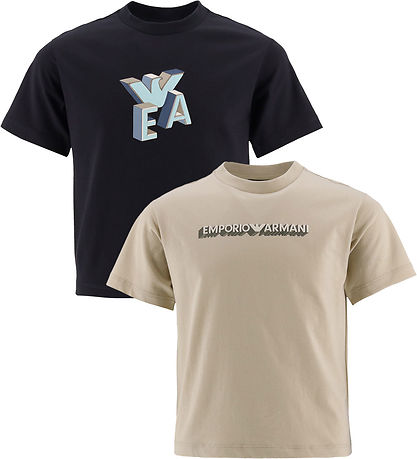 Emporio Armani T-shirt - 2-Pak - Sort/Beige m. Print Emporio Armani T-shirt - 2-Pak - Sort/Beige m. Print