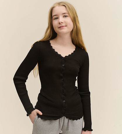 Rosemunde Cardigan - Rib - Balta - Sort m. Blonder
