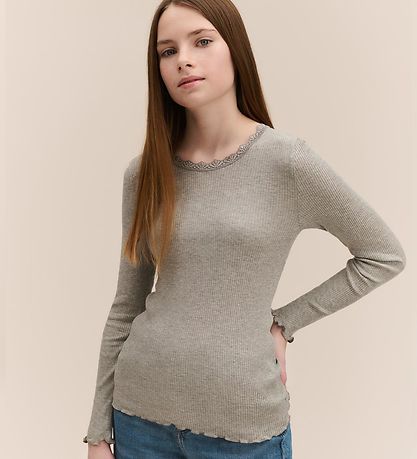 Rosemunde Bluse - Rib - Balta - Gråmeleret m. Blonder