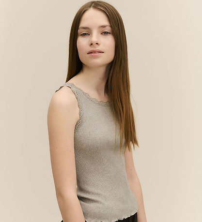 Rosemunde Top - Rib - Balta - Gråmeleret m. Blonder