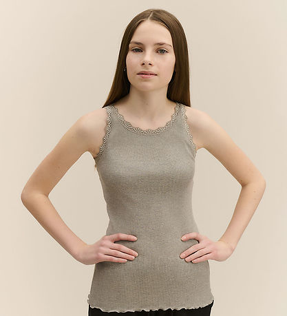 Rosemunde Top - Lang - Rib - Balta - Gråmeleret m. Blonder