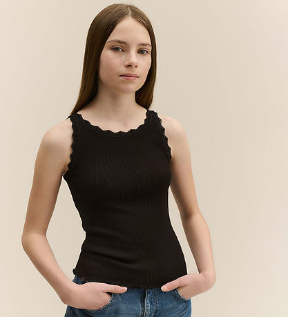 Rosemunde Top - Lang - Rib - Balta - Schwarz m. Spitze