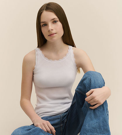 Rosemunde Top - Lang - Rib - Balta - New White w. Lace