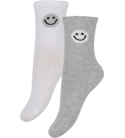 Minymo Strømper - 2-Pak - Gråmeleret/Hvid m. Smiley